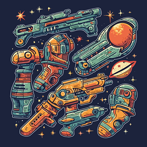 space gun toys, cartoon illustration, colors, Vector illustration, retro colors