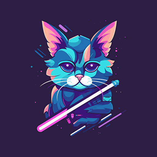 creative logo design, flat 2d vector logo of a futuristic anthromoporphic space traveling battle warrior cat wearing sci-fi suit with lightsaber, muted purple and blue colors, 80s, star-wars-inspired