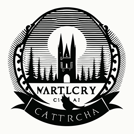 a creative logo for "McCarthy Choral", similar to a crest, with a tiny fox near the bottom, with a large cathedral in the background, with a forest, black and white, white background, flat vector