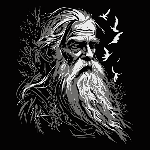 black and white vector image of old wizard. Happy mood.