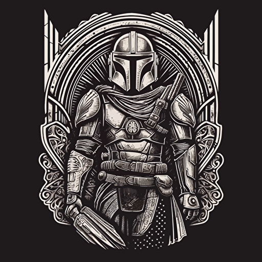 the mandalorian all silver armour, in the style of shepard Fairey, vector art, lino cut style, monochromatic, grain effect,