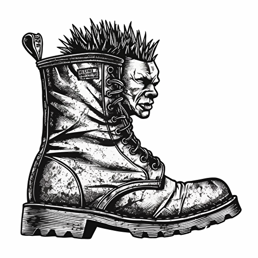 a jet black punk rock boot with a razor sharp mohawk, black and white ink vector illustration, militant, ANTIFA