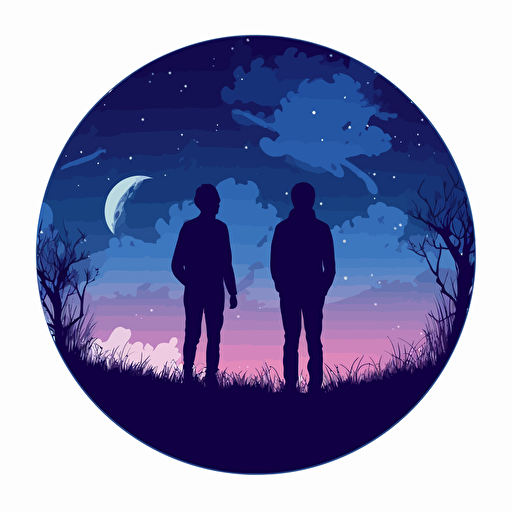 silhouette of two friends standing in an open field at night, vector art style, art inside a circle, blueish Color scheme, sad,