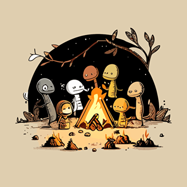 stick figure dinosaurs all hanging out around a campfire, vector, cartoon stick figures, simple