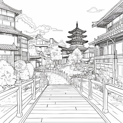Landscape. Japanese Style City. Wooden Architecture. No Shadow. Cartoon. Coloring page. Vector. Simple.