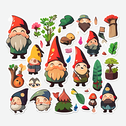 Vector sticker design, studio ghibli style gnomes clipart, white background, flat colors