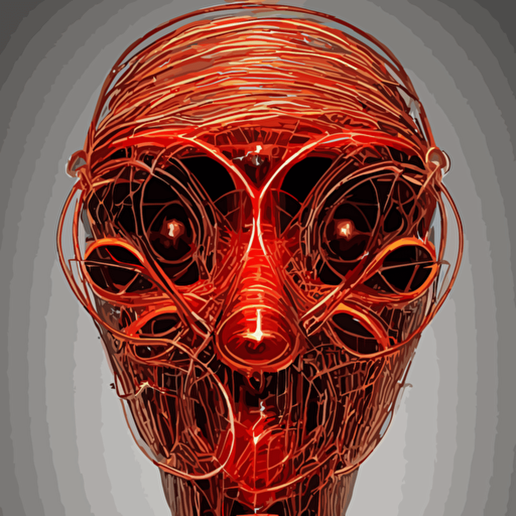 organic cyborg head wrapped plastic wire pixar centered symmetrical cinematic lighting gold red bilateral symmetry 80s poster polished thick smoke retro dark vintage sci fi 2d matte illustration