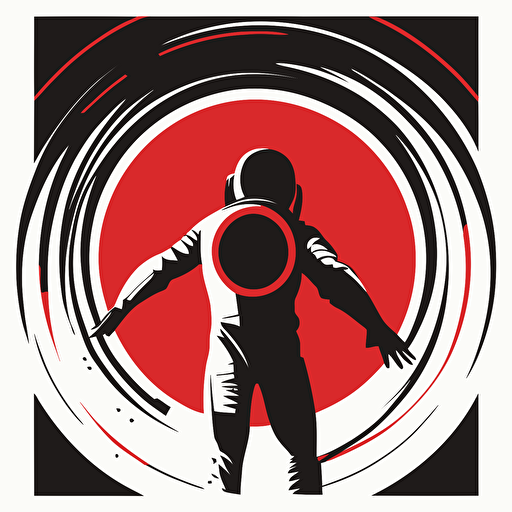 Astronaught standing straight up, arms wide, inside flat vector logo of circle, red black gradient, simple minimal