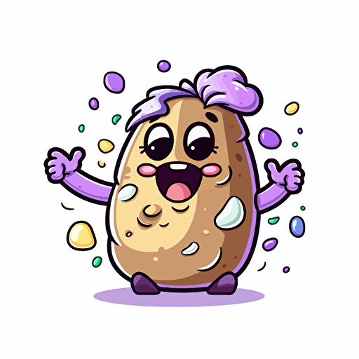 a twitch potatoes emote who celebrate, happy, sticker, adorable cartoon, contour, vector, white background, confeti behind