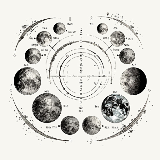 a detailed drawing of the phases of the moon with celestial elements super detailed vector design on white background