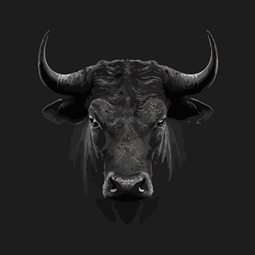 bull head frontal view, vector style, black and white simple, black background