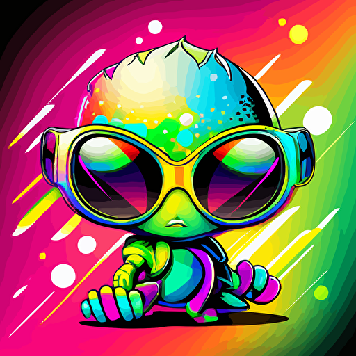 colorful synthwave style very cute baby alien, wearing very big reflective sunglasses, graffiti background, vector