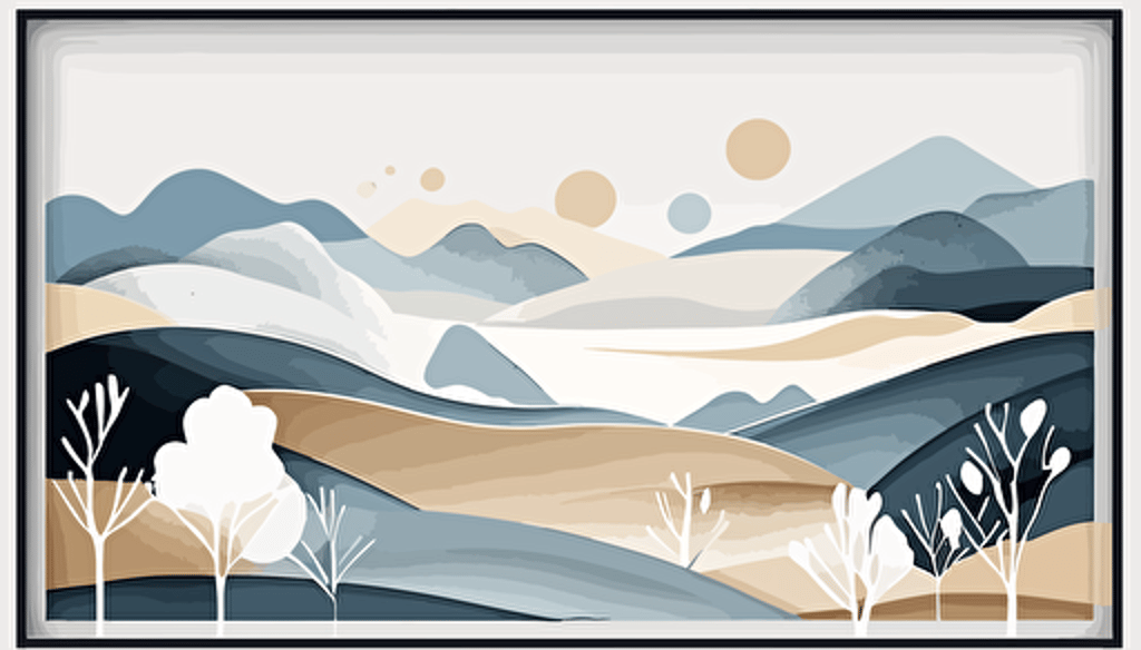 dusty blue and beige watercolour abstract landscape art, Minimalist, vector, contour