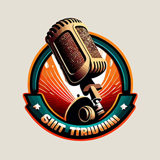 vector logo, radio show, microphone in anti-vibration mount with a pop filter infront of it and a bite taken out, white background