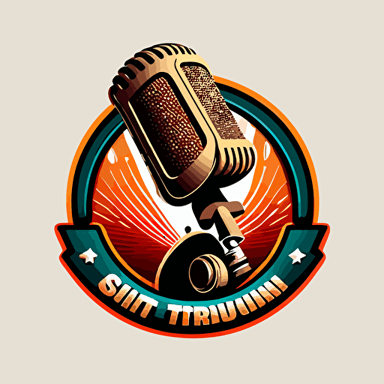 vector logo, radio show, microphone in anti-vibration mount with a pop filter infront of it and a bite taken out, white background