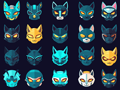 game sprite sheet of cyberpunk futuristic sci-fi masks for space-cats, collection sheet, 2d game sprite, asset store 2D flat cartoon drawing vector