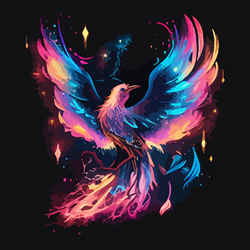 neon pink and blue phoenix rebirthing from the ashes galaxy stars vector illustration consciousness golden light black