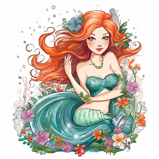 beautiful mermaid, detailed, cartoon style, 2d clipart vector, creative and imaginative, floral, hd, white background