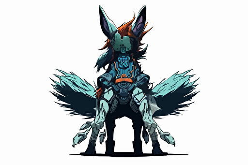 back view, animal mount anime fox cyber punk, BLUE and green gemmes white background, cartoon 2d, cartoon anime, Vector illustration, white background.