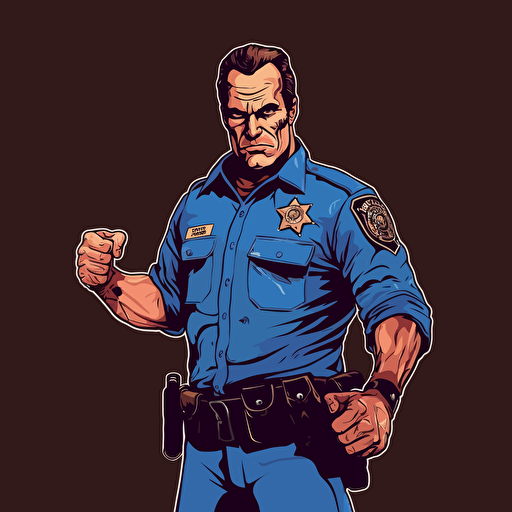 the boss man from WWE, holding handcuff in one hand and holding baton in other hand, police dress, angry look, vector art