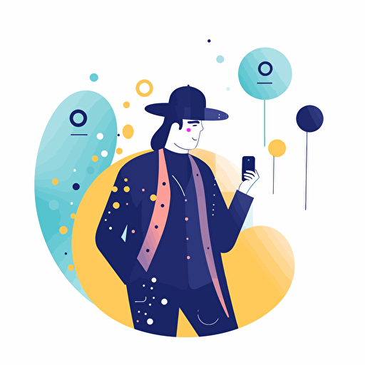 simplified flat art vector image of hacker using cellphone and a bubble on top of the man with three dots in it on a white background, Corporate Memphis style