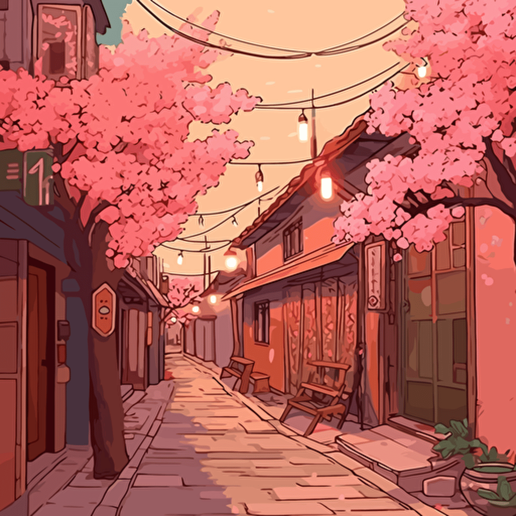 "Cute Seoul Alleyway," Cherry Blossoms, Lanterns, Minimalistic, Evening, Digital Illustration, Soft Pastels, Warm Lighting, in the style of Yayoi Kusama, Present Day, Simplified, Vector Art