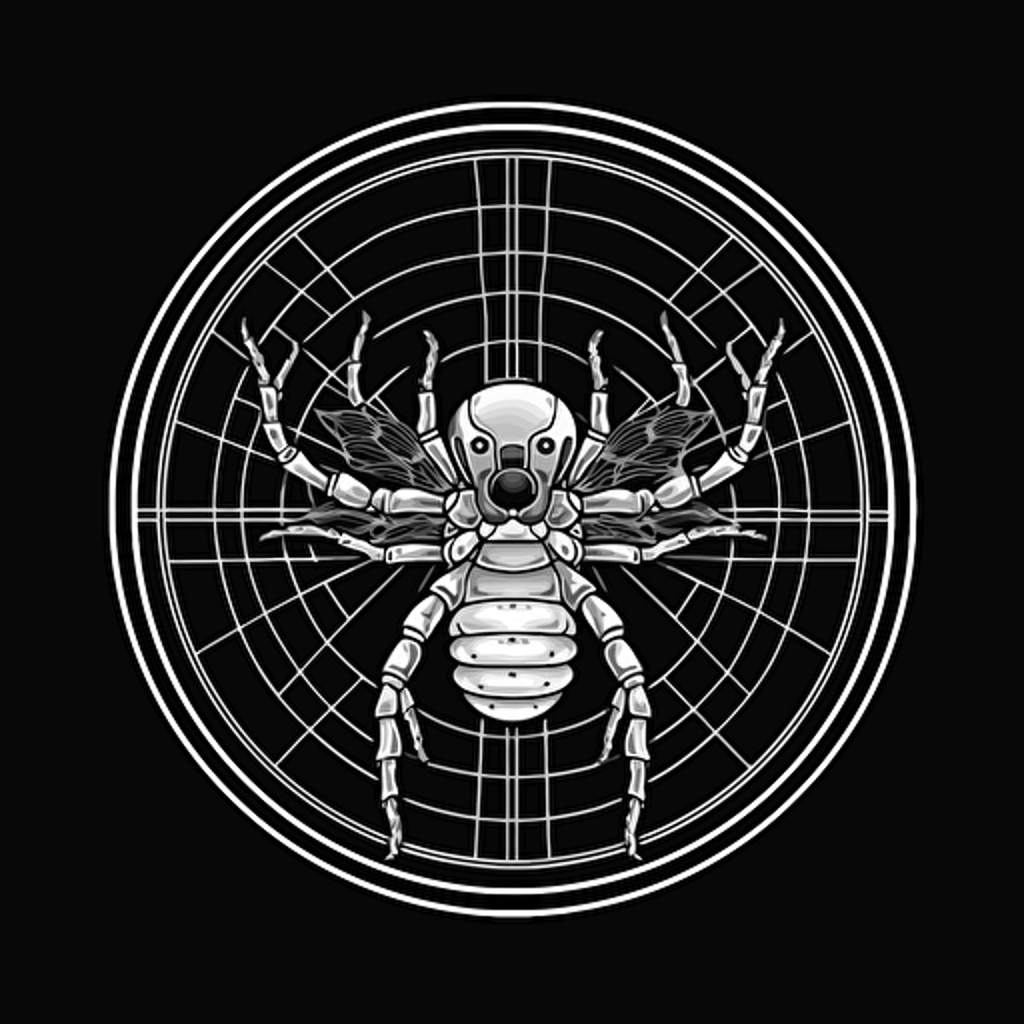 a logo image for an AI company of an araneus spider on a tennis racket, black and white, vector, 2d, minimalistic, cyberpunk, award-winning