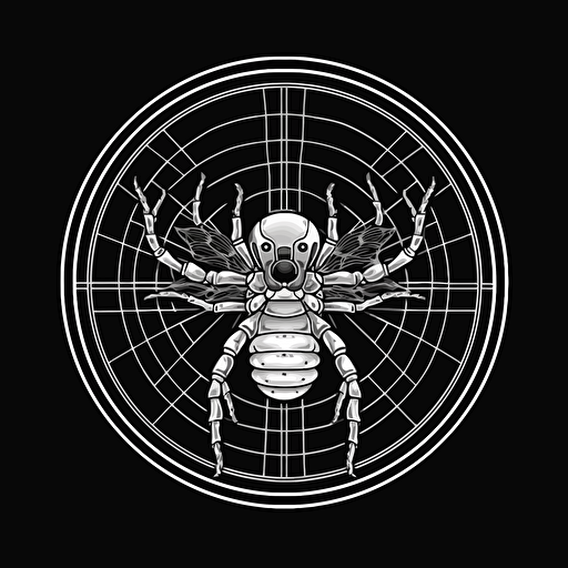a logo image for an AI company of an araneus spider on a tennis racket, black and white, vector, 2d, minimalistic, cyberpunk, award-winning