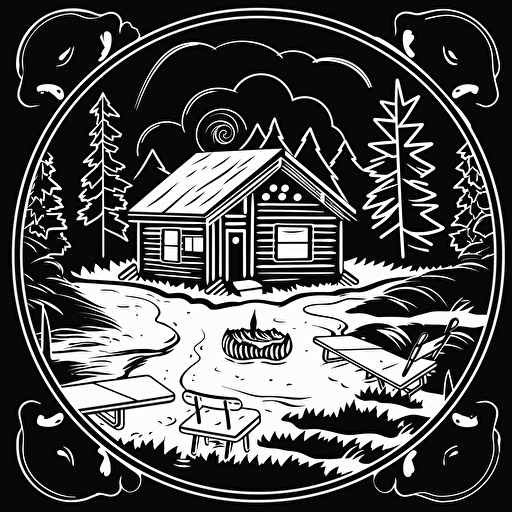 cabin, "table top game elements":2, logo:3, black white drawing, vector