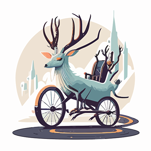 adorable jackalope with large horns, riding a tricycle through the bad part of town, vector logo, vector art, emblem, simple cartoon, 2d, no text, white background