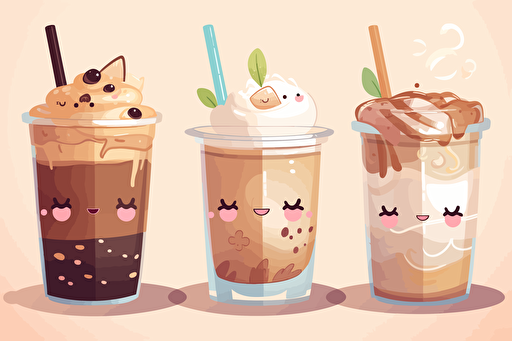4 takeaway coffees in spring style, including iced coffee, frappuchino, vector sticker, transparent background, kawaii pixar cartoon but without faces, high resolution