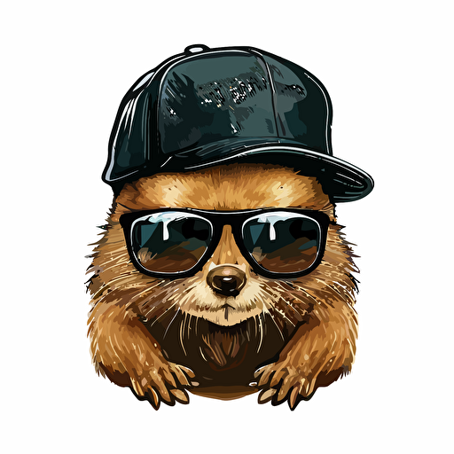 a Beaver with a black cap and swag glasses, vector design, white background,