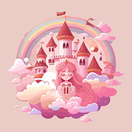 Mexican Princess Girl Light Pink Castle Fantasy Flying Palace In White Clouds Magical Rainbow Fairytale Royal Heaven Palace Cartoon Vector Illustration ar: 2:3