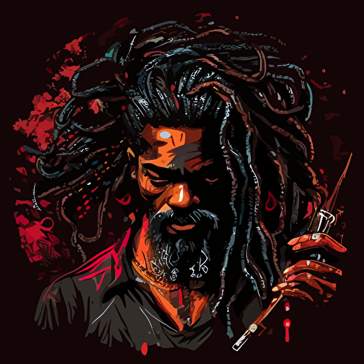 pen and ink, vector vibrant concept art, black male long dreadlocks mustach ,goatee, holding a paintbrush painting, black background