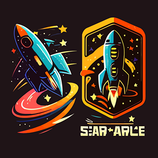 a flat vector logo for a spaceship racing league, old and new spaceships, stars and nebulae, simple