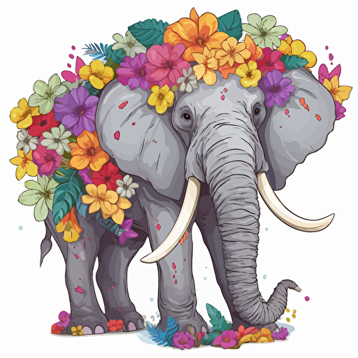 elephant with flowers, detailed, cartoon style, 2d clipart vector, creative and imaginative, hd, white background