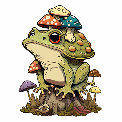 cute frog with toad stools, Sticker, Cute, Secondary Color, Retro, Contour, Vector, White Background, Detailed