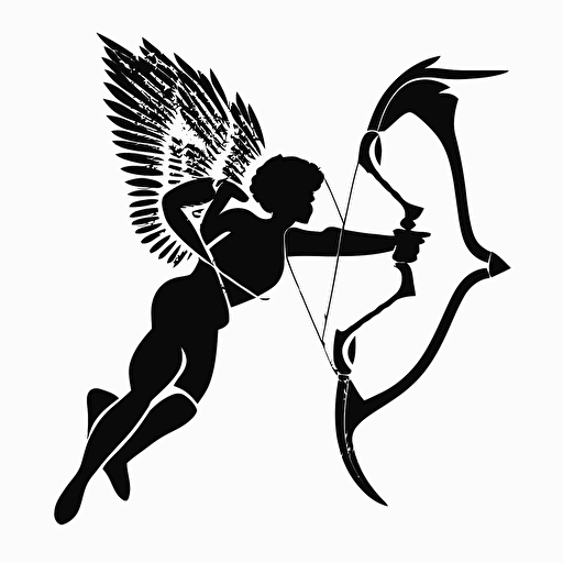 simple vector of cupid flying and shooting arrow, en profil, black on white background