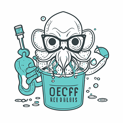 logo outline vector drawing, ocotopus holding a dip net and a scientific beaker, pool service company logo