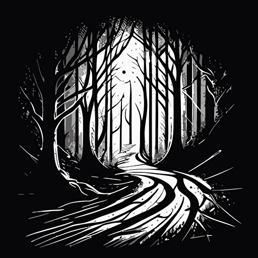 Light shining through the trees in a forest, with a winding path extending toward the light, flat vector art, black and white