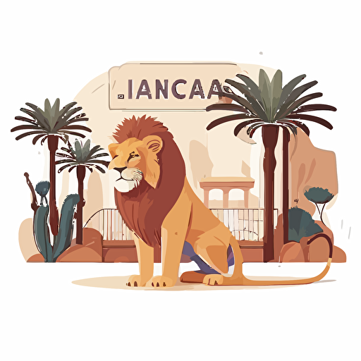 panoramic shot, lion in zoo, majestic, children's book disney style, flat colors, 2d, vector, white background