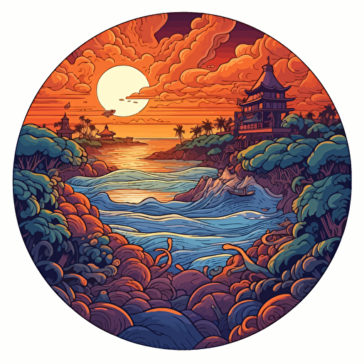 round up design with digital illustration of bali sunset beach, magic world inspired by Studio Ghibli, vector illustration, intricate details, unreal engine, extremely high detailing, sharp, white background