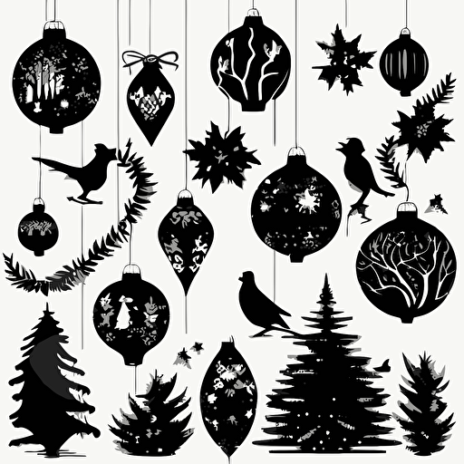 set of vector illustration of black silhouettes of different christmas ornaments, white background