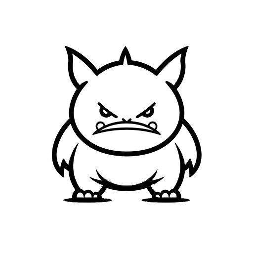 Chubby demon, looking at the camera, minimal, outline strokes only, black and white, logo, vector, white background