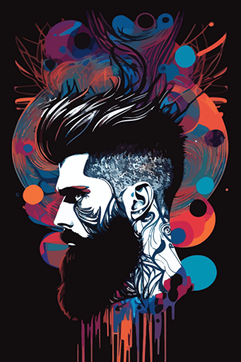 mens hairsyle modern design, skin fade with high forehead, dark hair with beard, flat vector design, abstact art, scissors, hair comb, trippy,