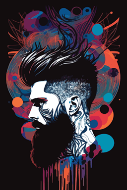 mens hairsyle modern design, skin fade with high forehead, dark hair with beard, flat vector design, abstact art, scissors, hair comb, trippy,