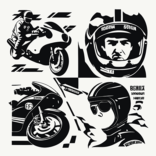 sets of 4 Motor sports vectors, flat, black and white vectors, white background