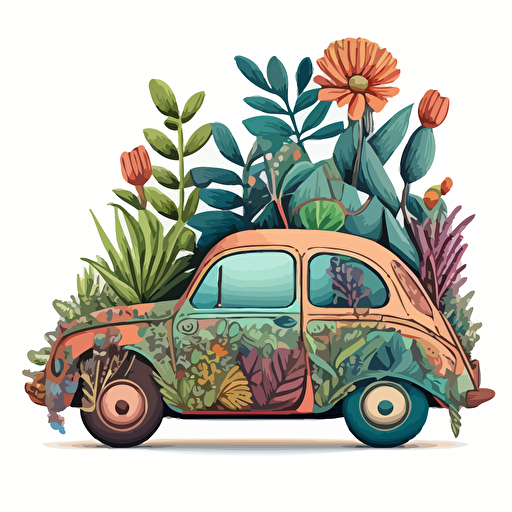 a picture of the side of a cute doodle car which is stuffed with colorful houseplants which are coming out of top and sides, vector drawing, highly detailed on a white background