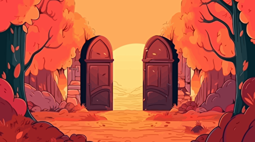 simple warm color background with two large curved doorframes, situated in the middle of the frame, with both doors being portals to other worlds. The left door opening to a town with creatures. The right opening to colorful wildlands. Vector illustration. 2D hand drawn cartoon animation style with bright colors.