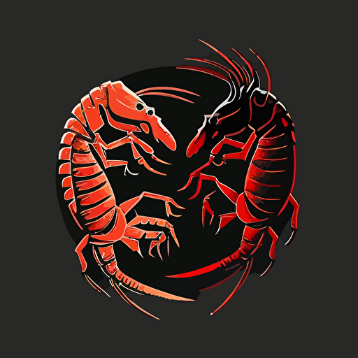 very simple logo for two dancing crayfish, red and black colors, vector flat, PNG, SVG, flat shading, solid background, mascot, logo, vector illustration, masterwork, 2D, simple, illustrator